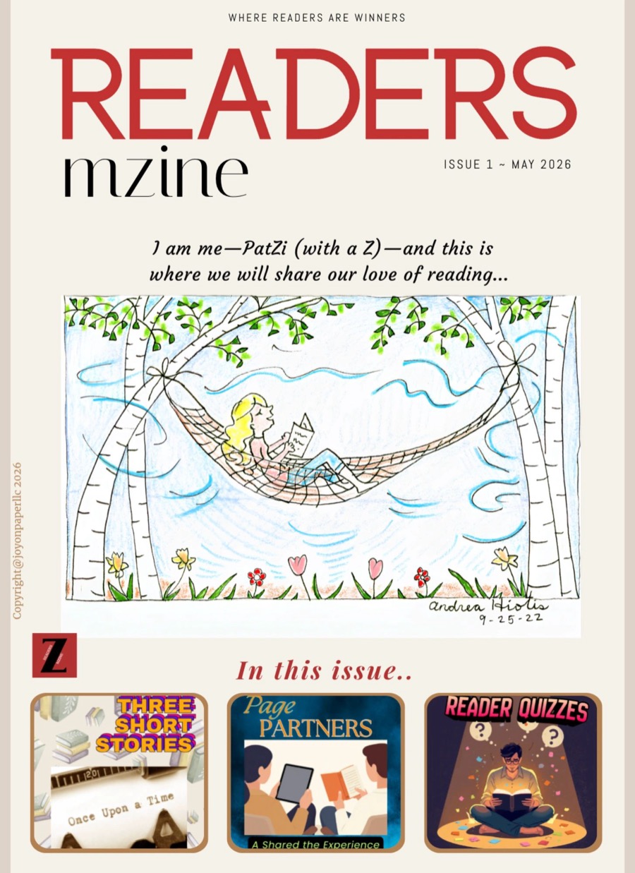 Cover of Readers mZINE Issue 1, May 2026 — an illustration of a woman reading in a hammock between two birch trees